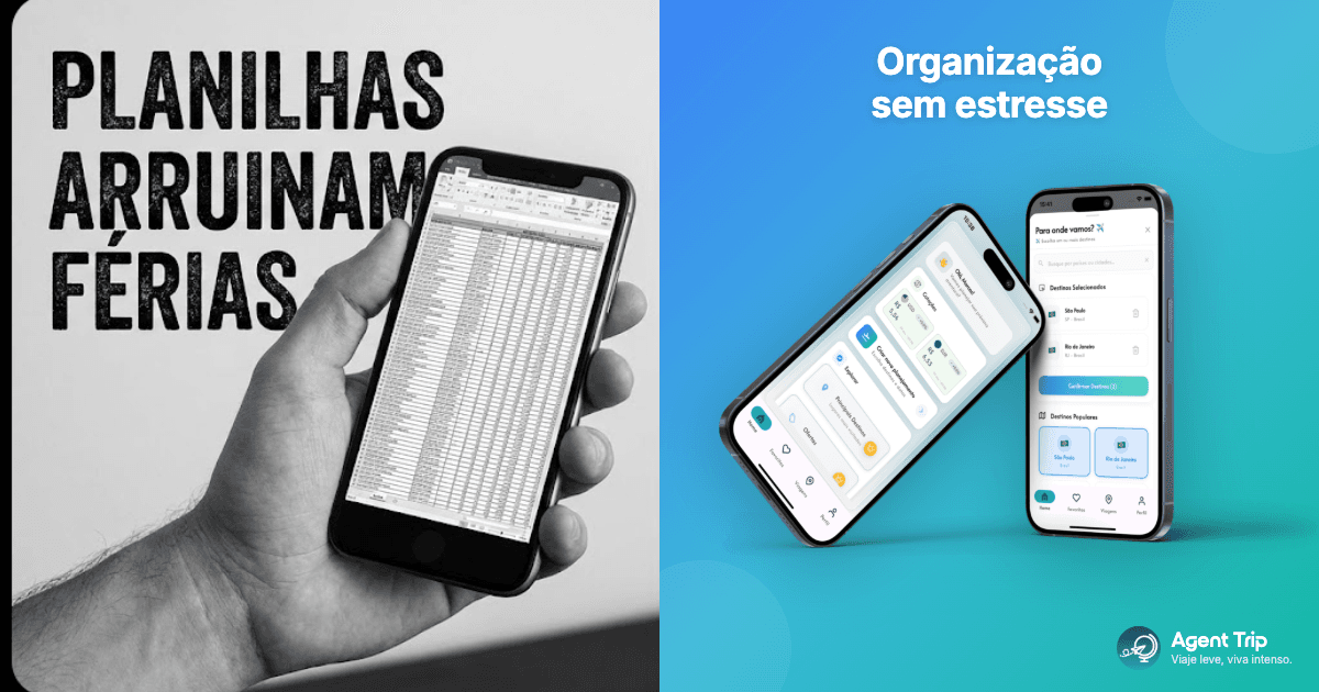 Mulher segurando o celular com um app de gastos de viagem aberto enquanto ignora uma planilha em um notebook