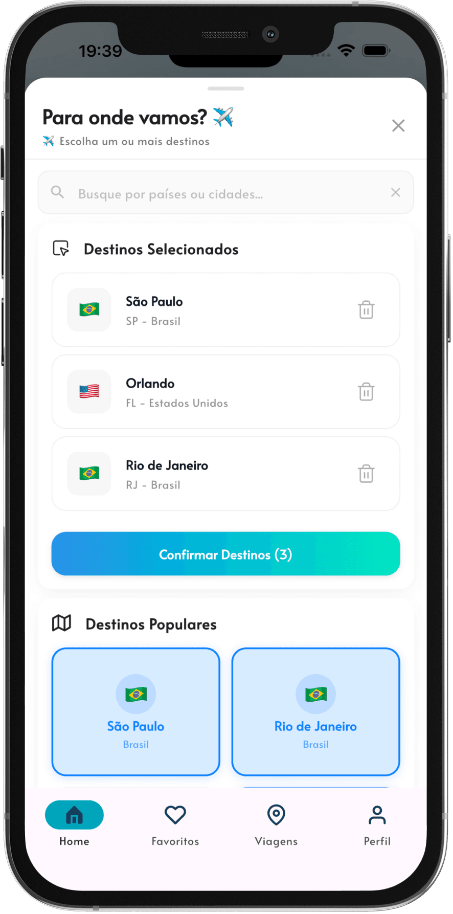 Tela de busca de destinos do Agent Trip com criação rápida de viagem