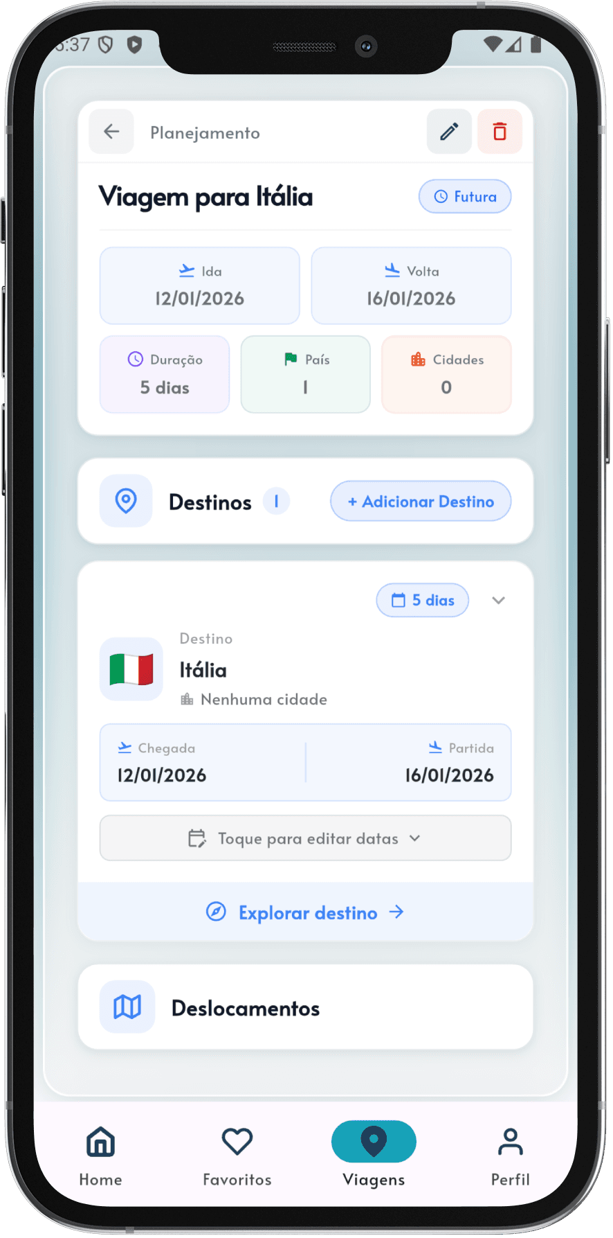 Tela de planejamento do Agent Trip com cronograma, voos e hospedagens organizados